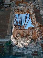 ruined street and destroyed houses the city war in Ukraine