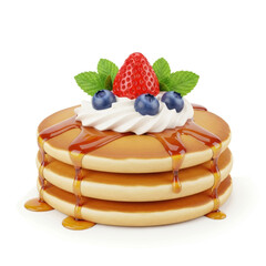 Pancakes Stacked Delight: A stack of fluffy pancakes dripping with golden syrup, adorned with fresh berries and a dollop of whipped cream, a visual treat to your senses.