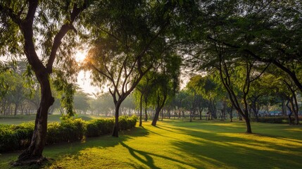 Fototapeta premium Beautiful morning sunlight in lush public park with green grass field and fresh tree plants at Vachirabenjatas Park Bangkok Thailand, peaceful natural outdoor landscape for relaxation and wellness