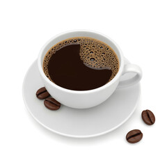 Aromatic Coffee in a Cup: A steaming cup of rich, dark coffee is nestled on a saucer, accompanied by a scattering of roasted coffee beans, inviting a moment of peaceful indulgence.
