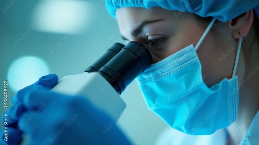 Poster a close-up view of a scientist examining microscopic slides, useful for scientific research and educ