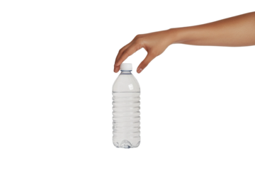 Hand Reaching for a Clear Plastic Water Bottle Isolated on Black Background, Promoting Hydration and Healthy Lifestyle Choices in Daily Life