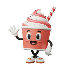 Smiling Smoothie: A delightful, animated smoothie character cheerfully waves hello, its vibrant colors and charming expression promising a refreshingly sweet experience.