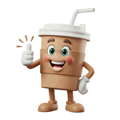 Happy Coffee Cup Character: A cheerful, animated coffee cup character offers a thumbs-up gesture, emanating positivity and conveying a message of satisfaction or endorsement.