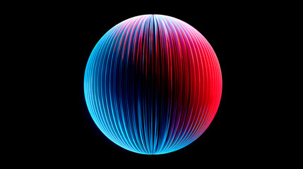 3d render. Abstract round neon shape with blue red gradient, isolated on black background. Ribbed glass wallpaper. Stock Illustration