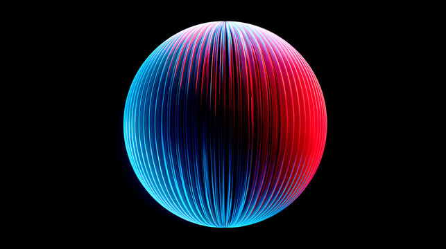 3d render. Abstract round neon shape with blue red gradient, isolated on black background. Ribbed glass wallpaper. Stock Illustration