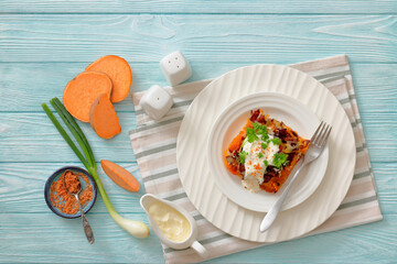 sweet potato casserole with bacon, cheese, onion