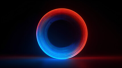 3d render. Abstract round neon shape with blue red gradient, isolated on black background. Ribbed glass wallpaper. Stock Illustration
