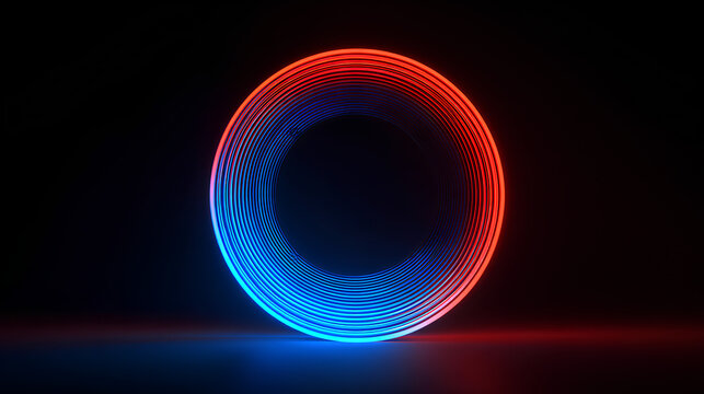 3d render. Abstract round neon shape with blue red gradient, isolated on black background. Ribbed glass wallpaper. Stock Illustration - Powered by Adobe