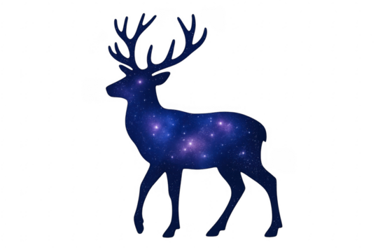 Majestic stag silhouette filled with stunning blue galaxy on transparent background