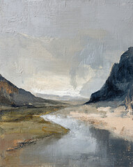 an oil painting of icelandic landscape, with muted colors