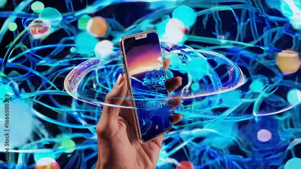 Poster smartphone held against luminous neural network visualization, revealing intricate digital communica