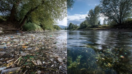 Split screen showing two version of the same riverbank. The left side overwhelmed with floating plastic waste and debris, while the right side is completely clean, with clear water and visible.
