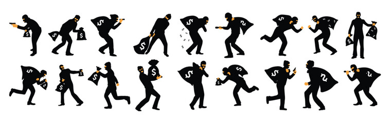 set of robber design flat silhouette illustrations