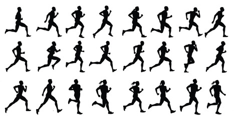 set silhouettes of people running pose