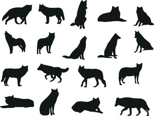 Wolf silhouette set, black vector wolves, various poses, howling, sitting, walking, lying down, wild animal icon, isolated, collection
