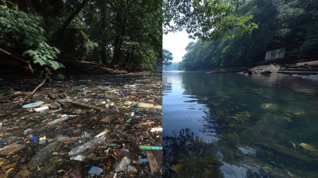 The difference between environmental neglect and recovery. On one side, murky water is clogged with plastic and trash; on the other, the stream is vibrant and full of life and clean.