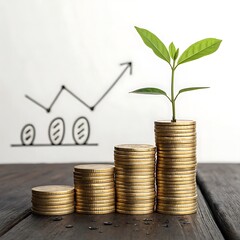 Stacks of gold coins form a rising graph, with a plant growing from the highest stack, against a hand-drawn upward trending line graph.