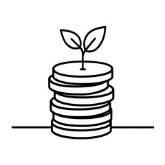 Line art illustration of a stack of coins with a small plant sprouting from the top, symbolizing growth and investment.