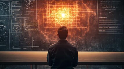 A researcher contemplates advanced theoretical physics concepts surrounded by intricate equations and a glowing visualization in a lab setting - Powered by Adobe