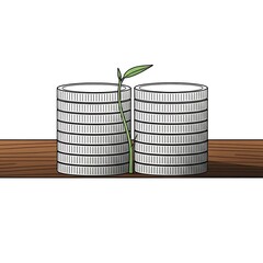 A young plant sprouts between two stacks of silver coins, symbolizing financial growth and investment.