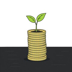 A small plant sprouts from a tall stack of gold coins, symbolizing growth and financial prosperity.