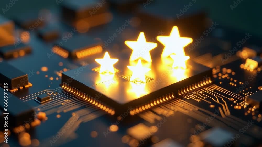 Poster a close-up view of a circuit board with stars printed on it, suitable for use in technology or scien