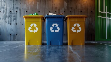 Clean and modern setup featuring recycling bins in primary colors, each clearly labeled for plastic, paper, and metal.