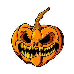 Scary Halloween Pumpkin Illustration with Evil Face
