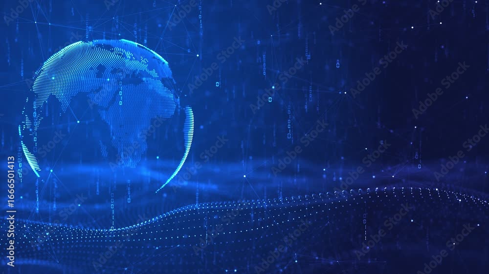 Poster digital globe waves formed dots connected by glowing lines, futuristic global communication, data fl