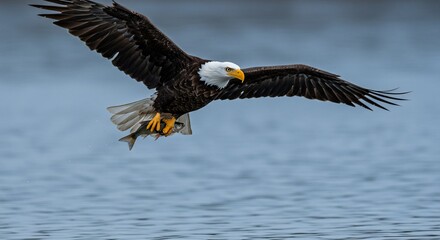 Obraz premium Majestic Bald Eagle in Flight with Fish Prey