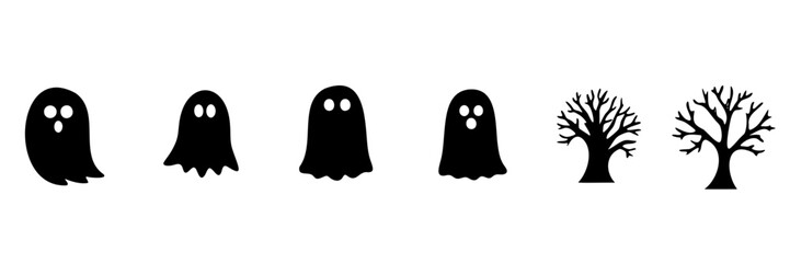 set of halloween silhouettes black icon vector on tranparent background,halloween silhouettes with ghost and treen
