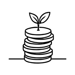 A stylized illustration of a stack of coins with a small plant growing from the top, symbolizing financial growth and investment.