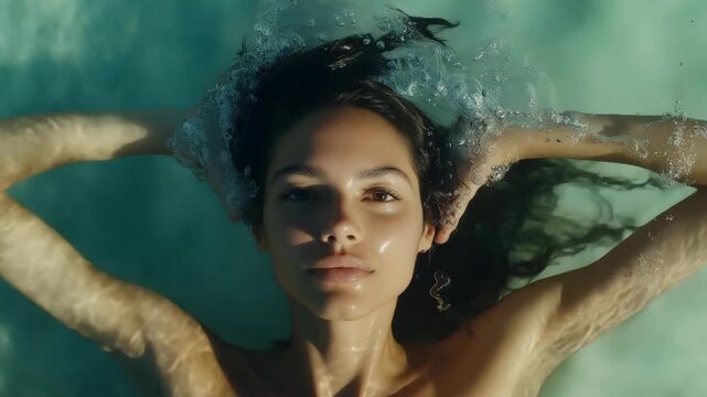 A young woman lies peacefully in clear water, surrounded by gentle ripples as sunlight filters through