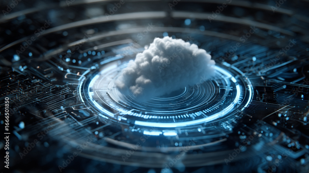 Poster a cloud resting on a glowing circular platform with circuit board details