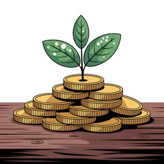A vibrant green plant with three leaves growing from a tall stack of golden coins on a wooden surface, symbolizing financial growth and investment.