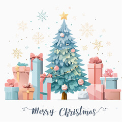 Wektorowa kartka &bdquo;Merry Christmas&rdquo; w stylu retro vintage, ręcznie rysowane elementy, pastelowe kolory, choinka, prezenty i śnieg, typografia retro, klimatyczna ilustracja.