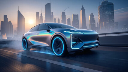 Naklejka premium Technology AI future concept car in city background