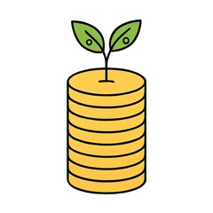 Growing money: a stack of gold coins with a small plant sprouting from the top.
