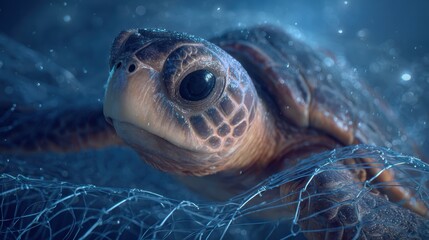 Fototapeta premium Sea turtle struggling beneath the waves, caught in a tangle of six-pack rings, damage the marine life.