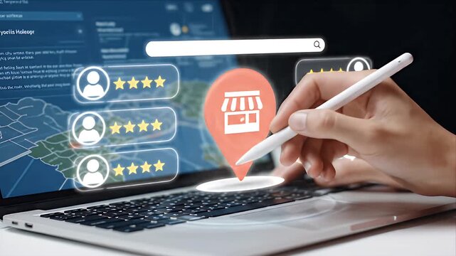 Person Using Digital Pen on Laptop to Manage Local Business Online Reviews and Map Location