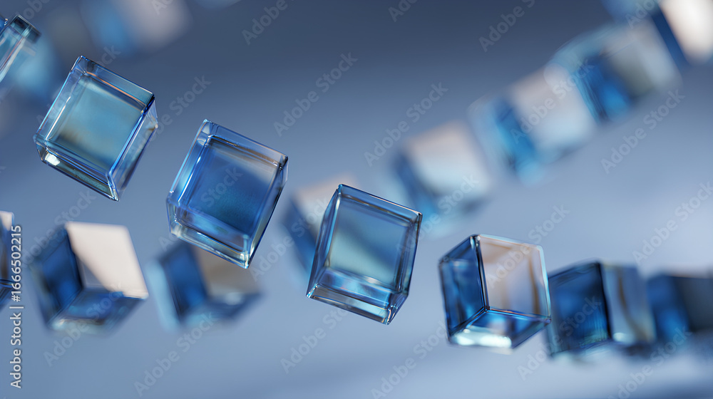 Poster 3d rendering. abstract monochrome geometric background. a row of square glass elements, spaced evenl