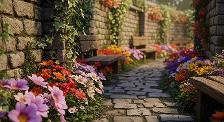 Sunlit stone path through a flower garden benches blooming flowers and stone walls create a serene outdoor scenery for relaxation and leisure promoting peaceful garden retreats and nature escapes