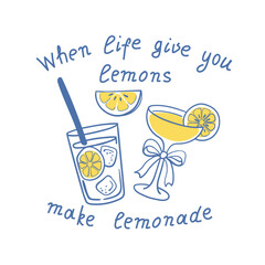 Lemon fruit icon in hand drawn blue and yellow Set doodle style . Summer vector illustration with citrus, basket, glass, tree, bow. Lemon design for wedding invitation, poster, menu
