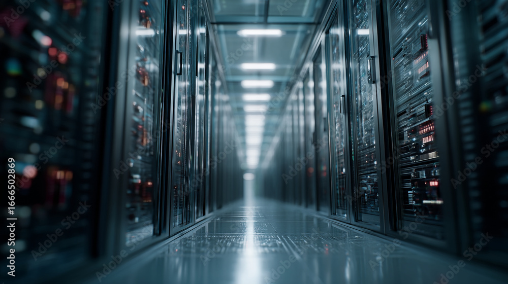 Poster perspective view of illuminated server room corridor with server racks