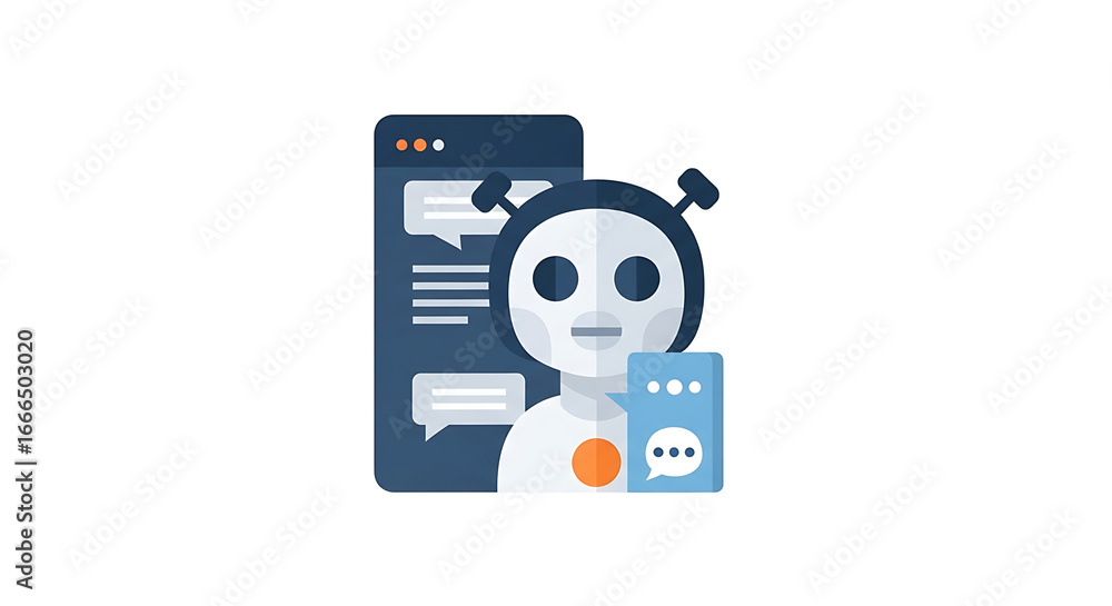 Poster illustration of a chatbot with chat bubbles and a mobile device on a white background ai generated