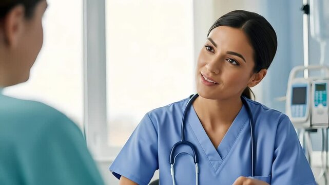 Nurse consulting patient, discussing health records. Healthcare professional explaining treatment plan in hospital. Medical staff interacting with patient. Focus on communication.