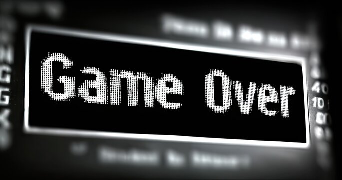 A game over screen, pixelated text on a black background - Powered by Adobe