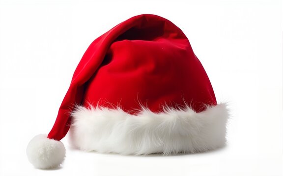 Set of red furry christmas xmas santa claus hat on transparent background cutout, PNG file. Mockup template for artwork graphic design. High quality