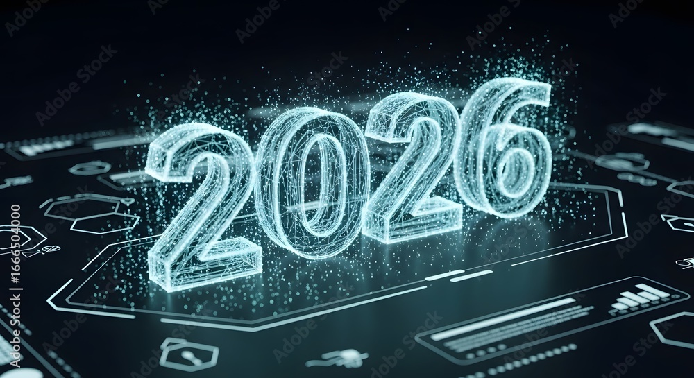 Fototapete futuristic 2026 wireframe digital glowing numbers particle data dark background future technology di